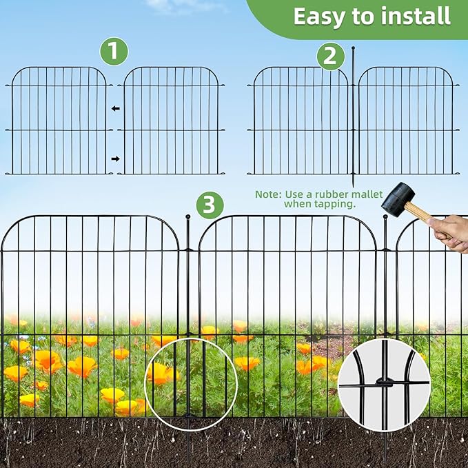 5 Panels No Dig Decorative Garden Fence for Yard, 24 in(H) x 10 ft(L) Rustproof Metal Wire Fence Border with Patio Temporary Ground Stakes, Animal Barrier Fencing for Dog and Small Pets