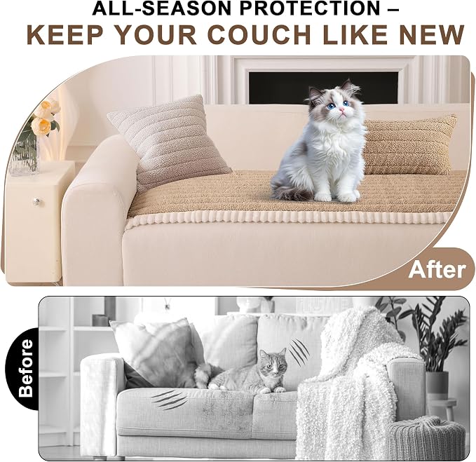 OTOB Couch Cover for Dogs Washable, Non Slip Plush Fuzzy Sofa Covers for 3 Cushion Couch All Seasons, Kids Pet Friendly Soft Cozy Furniture Protector Sofa Slipcovers (Khaki, 27.6" x 82.7")
