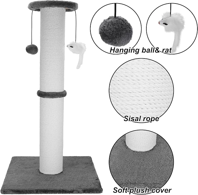 Cat Scratching Post 34 Inches Heavy Duty and Thicker Cat Scratching Post Cotton Rope with Hanging Ball and Mice Scratching Post for Indoor Cats and Adult(Grey)