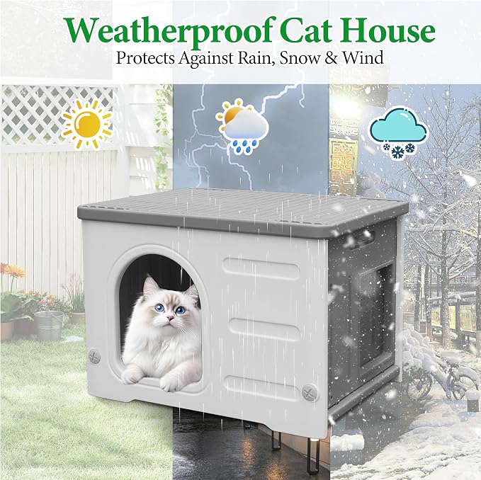 Insulated Cat House Outdoor Weatherpoof Plastic Cats Houses for Winter | with Escape Door Indoor Waterproof Feral/Pet Cat Shelter Outside for Puppy, Rabbit