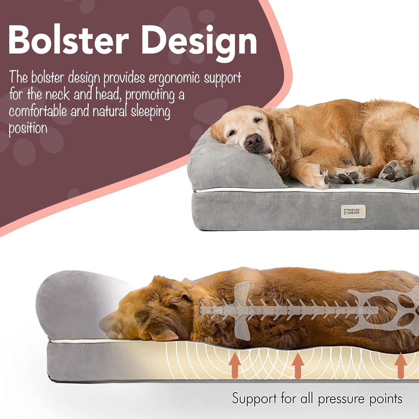 Friends Forever Large Dog Bed, Orthopedic Pet Sofa Memory Foam Mattress, Calming Dog Couch, Wall Rim Pillow, Water Resistant Liner, Washable Cover, Non-Slip Bottom, Chester, Large Grey