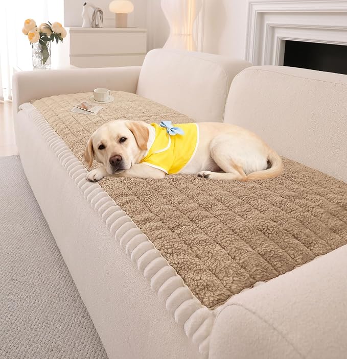 OTOB Sofa Covers for 3 Cushion Couch Washable, All Seasons Fuzzy Non Slip Kids & Pet Friendly Dog Bed Mats Couch Cover, Soft Plush Sofa Slipcovers Furniture Protector (Khaki, 27.6" x 70.9'')