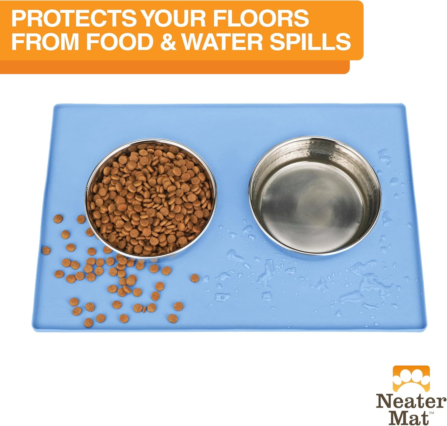 Neater Pet Brands Neater Mat Pet Mats for Food and Water, Cat & Dog Bowl Mat Waterproof Silicone, Feeding Tray, Dog Food Mats for Floors, Placemat w/Raised Edge for Under Bowls, 24" x 16", Light Blue
