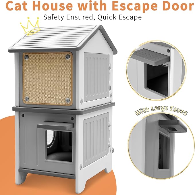 Outdoor Cat House with Liner, 100% Insulated Cat Houses for Winter Outside | 2 Story Waterproof Cat House for Outdoor Cats, Sturdy Cat Bowls & Scratch Pads, Clean Easily