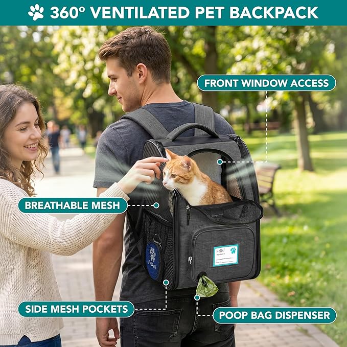PetAmi Expandable Dog Backpack Carrier for Cats & Pets, Breathable Cat Carrier Backpack with Top Window & Multi-Entry, Ventilated Foldable Travel Carrier for Small Medium Pets up to 18 lbs, Dark Gray