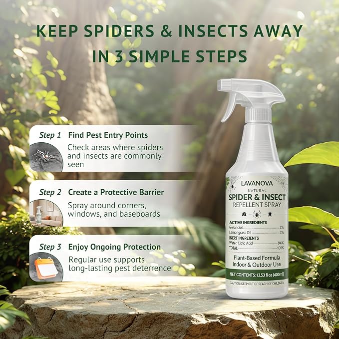 Spider Repellent Indoor & Outdoor, 13.5 OZ Lemongrass Oil Spider & Insect Repellent Spray, Plant-Based Bug Control for Spiders, Ants, Roaches and Other Common Household Pests, Kids and Pets Safe