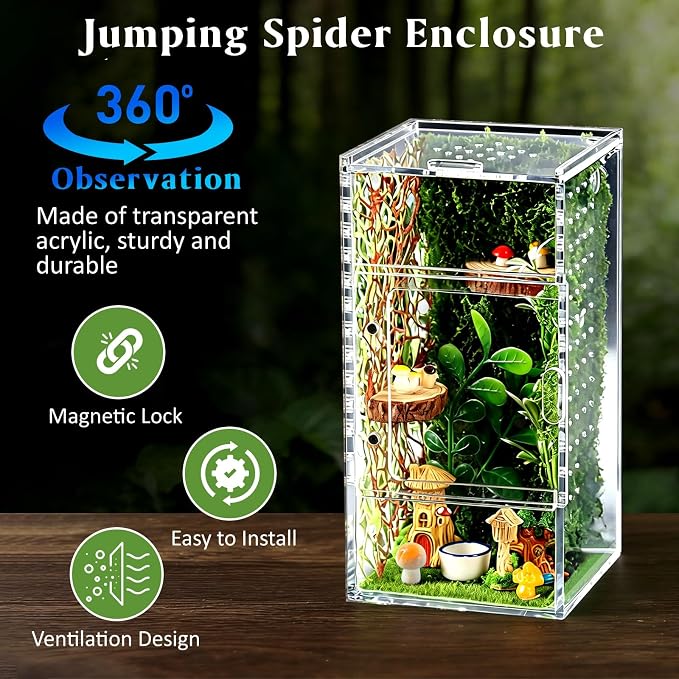 Jumping Spider Enclosure Kit, Small Acrylic Reptile Terrarium with Magnetic Door, Bug Habitat with 30 Pcs Jumping Spider Accessories for Tarantula, Mantis, Small Reptiles, 4" x 4" x 8"