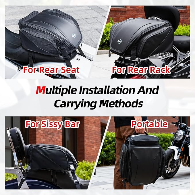 Motorcycle Tail Bag, Upgrade 18L-22L Expandable Sissy Bar Motorcycle Backpack, Waterproof Motorcycles Seat Travel Rear Rack Bag, Motorbike Helmet Bag with Waterproof Rain Cover