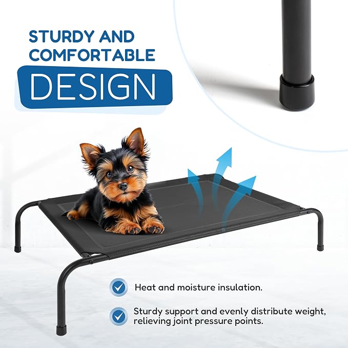 Cooling Elevated Dog Cot Bed Outdoor Raised Portable Dog Beds No-Slip Feet Portable Durable Pet Hammock Bed, 42x25.5x8 Inch, Black