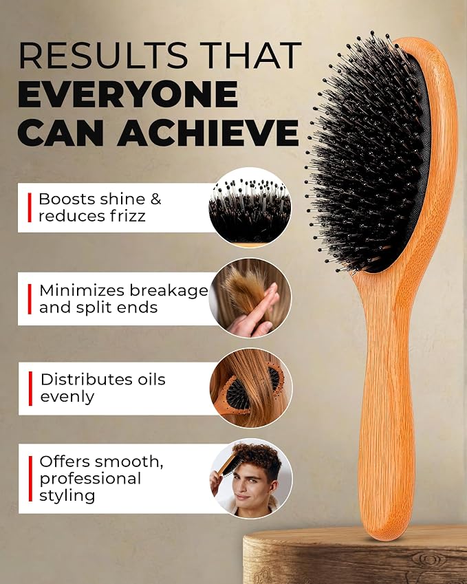 Bossman Men's Boar and Nylon Bristle Hair and Beard Brush - Detangling & Straightening Wooden Oval Wet Brush - Ergonomic Bamboo Design
