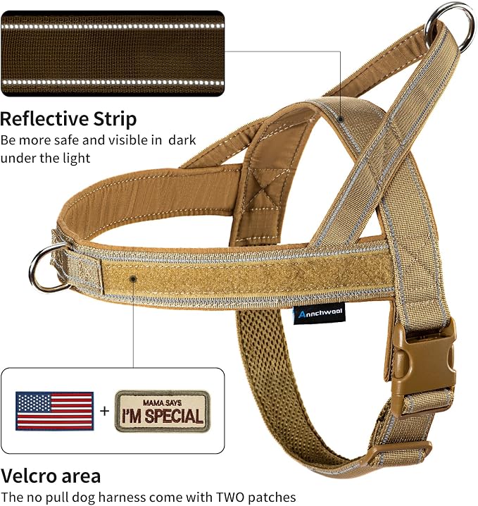 Annchwool No Pull Dog Harness with Padded Handle+5 Ft Leash,Reflective Strip Escape Proof and Quick Fit to Adjust Dog Harness,Easy for Training Walking for Small & Medium and Large Dogs(Brown-Set,S)