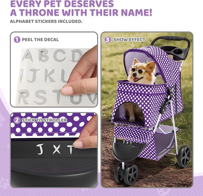 Magshion 3-Wheel Pet Stroller, Foldable Travel Jogger for Small & Medium Dogs & Cats (Up to 33lbs), Lightweight Carrier with Breathable Mesh Cover, Cup Holder & Storage Basket, Purple Polka Dots