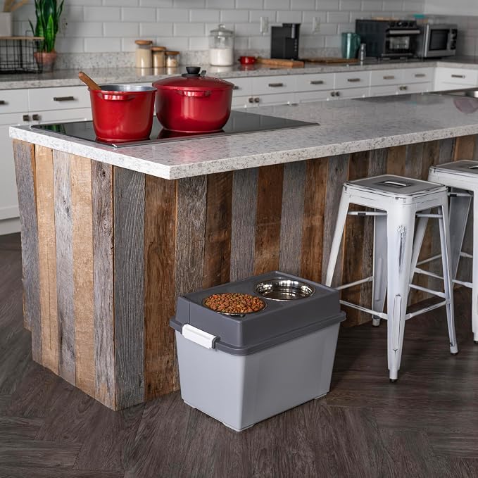 IRIS USA Elevated Dog Bowls 15" H, up to 47 lb Storage, Gray/Dark Gray | Made in the USA, Comes with 2 Stainless Steel Bowls (64 oz), Elevated Feeder, Reduce Strain, Perfect for Camping & Outdoors