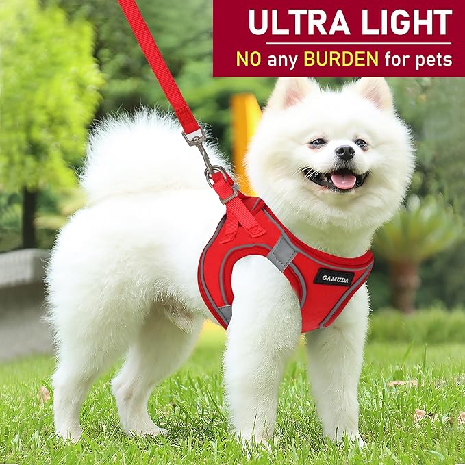GAMUDA Small Pet Harness Collar and Leash Set, Step in No Chock No Pull Linen Fabric Soft Mesh Dog Vest Harnesses Reflective for Dogs Puppy Cats Kitten Rabbit (Red, S)