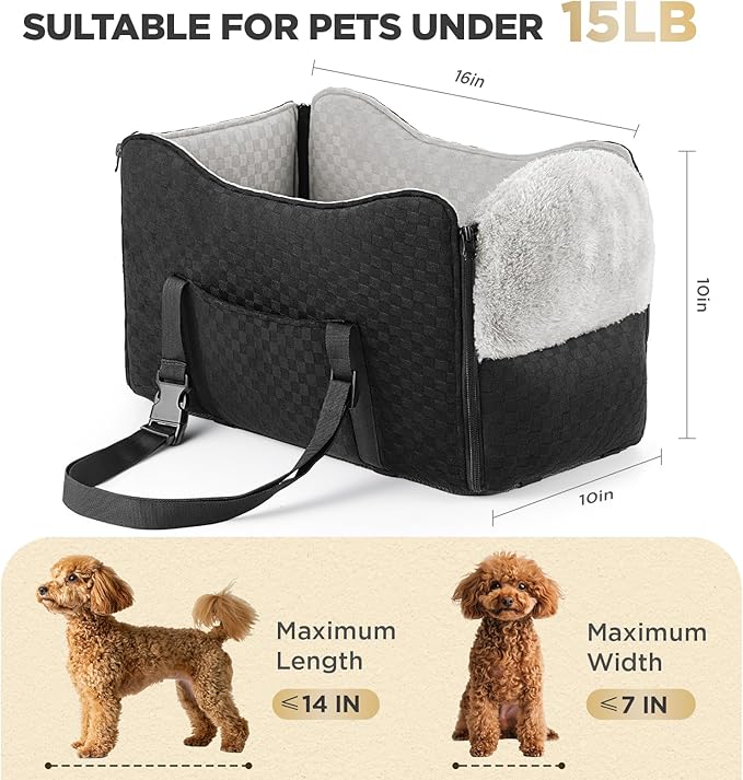 BONTHEE Center Console Dog Car Seat for Small Dogs- Anti-Collapse Design with Soft Plush & Sturdy Support Board, Adjustable Safety Leash for Small Dogs & Cats up to 15 lbs