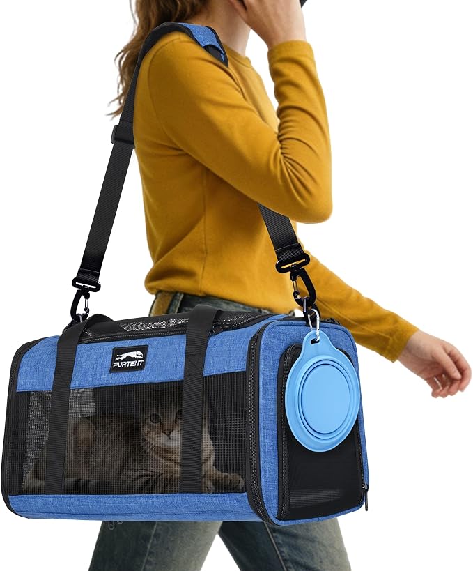 Pet Carrier Airline Approved, Soft Sided Cat Carrier for Small Pets up to 13 lbs, TSA Approved Dog Travel Bag, Portable Soft Sided Pet Carrier for Kittens and Puppies (Blue, Folding Bowl)