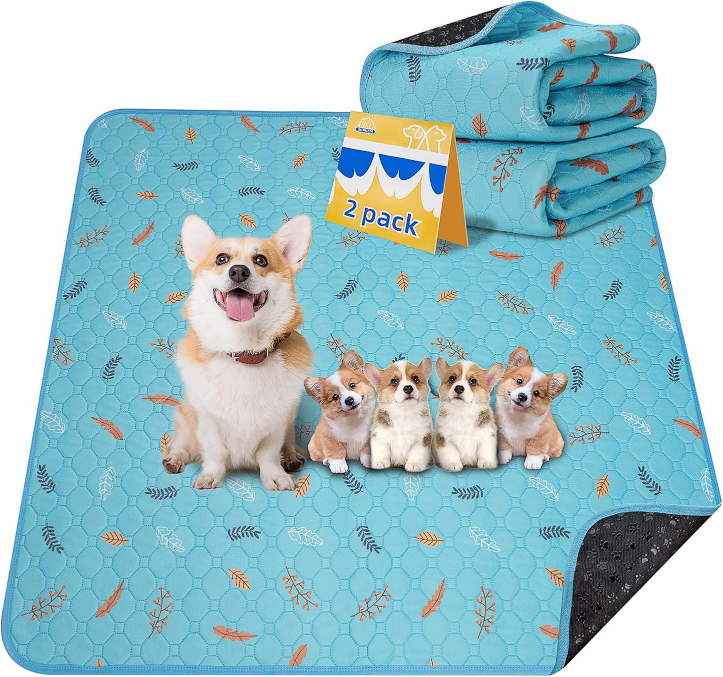 Sunheir Washable Pee Pads for Dogs 2-Pack Reusable Puppy Pads Pet Training Pads, Waterproof Dog Pee Pads for Crate, Whelping Pad, Non-Slip Protects Against Urine Leakage (Leaves - Sky Blue, 31x36)
