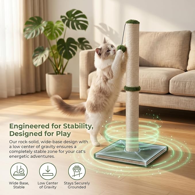 Dimaka Tall Cat Scratching Post, Claw Scratcher with Sisal Rope and Covered with Soft Smooth Plush, Vertical Scratch [Full Strectch] for Standard Size Cats (Green, 29 inches for All Cats)