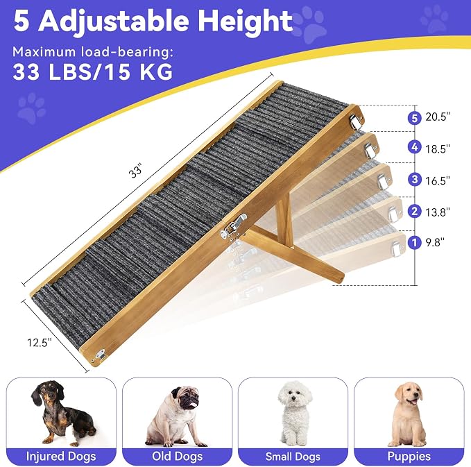 2026 Upgraded Dog Ramp for Couch, Foldable Small Dog Ramp for Sofa, 5 Adjustable Height from 9.8" to 20.5", Portable Stable Pet Step with Non-Slip Pad, Pet Ramps Use for Couch Stairs, Walnut