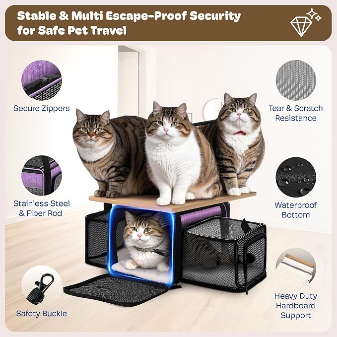 Top and 2 Sides Expandable Cat Carrier 18x11x11, TSA Airline Approved Dog Carriers for Small Dogs, Soft-Sided Pet Carrier with Self-Locking Zippers for Kitten,Rabbit, Puppy, Guinea Pig Purple