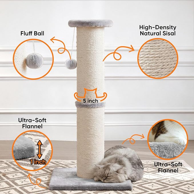 PAWSCRAT Cat Scratching Post 32" Tall, 5-Inch Diameter Natural Sisal Cat Scratch Post with Dangling Ball for Indoor Cats, Scratch-Resistant Durable and Protect Your Furniture, LightGrey