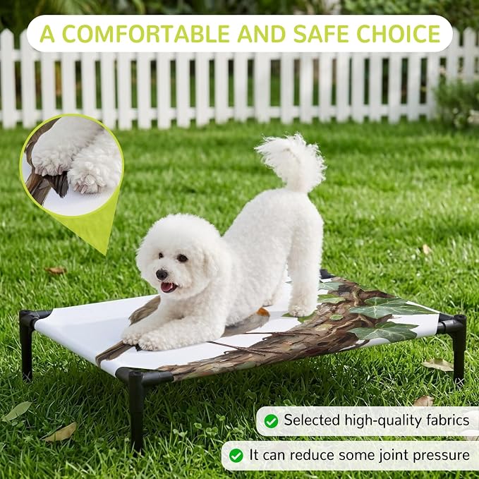 Outdoor Elevated Dog Bed for Large Dogs, Bird Breathable Cooling Raised Dog Cot for Indoor/Outdoor, Ivy Branch Animal Green Botanical Leaf Waterproof Elevated Pet Beds, L 28 x 22 in