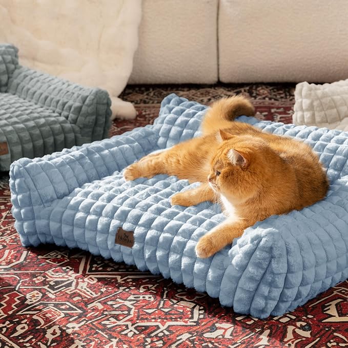Dog Bed for Medium Dogs – Cute Fluffy Pet Sofa with Faux Rabbit Fur,Supportive Dog Couch Beds, Washable Cover in 3D Diamond Pattern, 36 Inch Light Blue