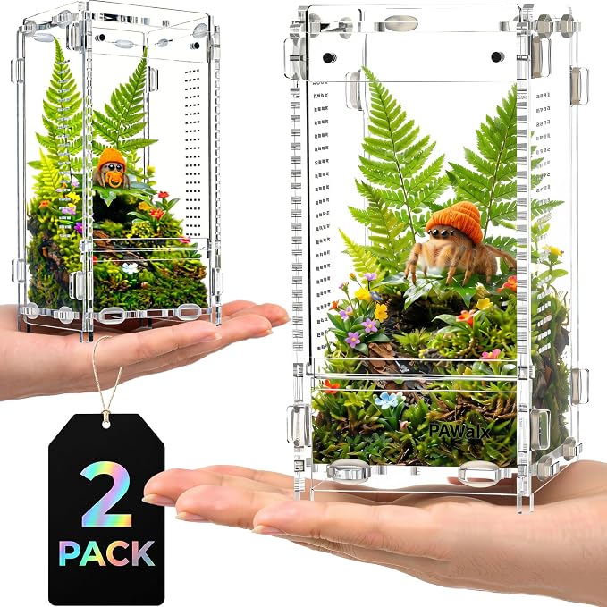 Jumping Spider Enclosure, Acrylic Terrarium with with Magnetic Doors, 0.8mm Micro-Ventilation, Stackable Escape-Proof Habitat for Jumping Spiders (3”x3”x6”x2Pack)