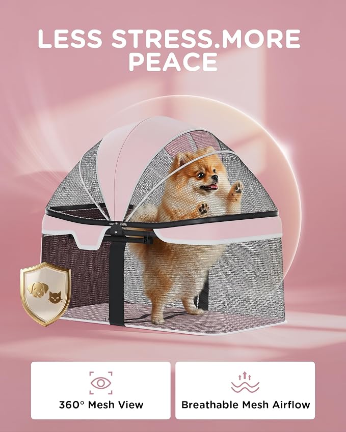 GTPLAYER Foldable Pet Stroller for Small Dogs and Cats, Holds Up to 33 lb, 4 Wheel, Full Mesh Ultra Breathable, Safety Tethers, Cup Holder & Poop Bags Included, Pink