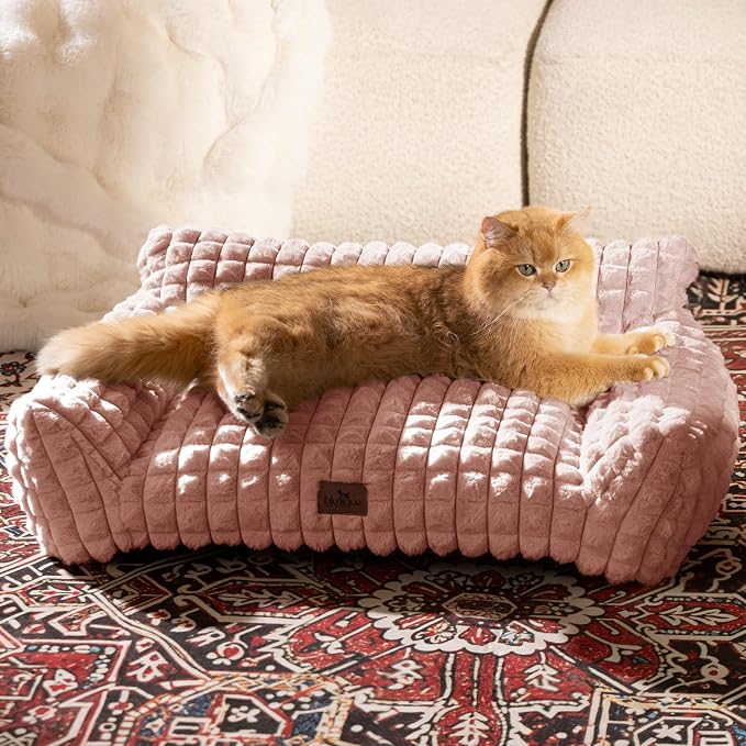 Cute Small Dog Couch Bed – Supportive & Fluffy Pet Sofa with Faux Rabbit Fur Washable Cover in 3D Diamond Pattern, 30" Pink