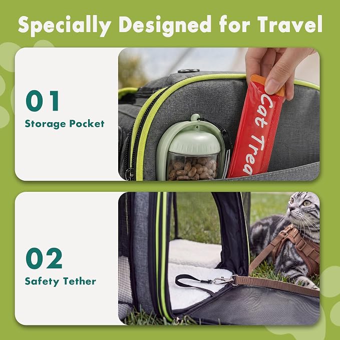 Large Expandable Cat Carrier, Airline Approved with Ventilated Top Side Panels, Durable Chew-Resistant 600D Fabric, for Cats and Small Dogs, Car Airplane Travel, Green