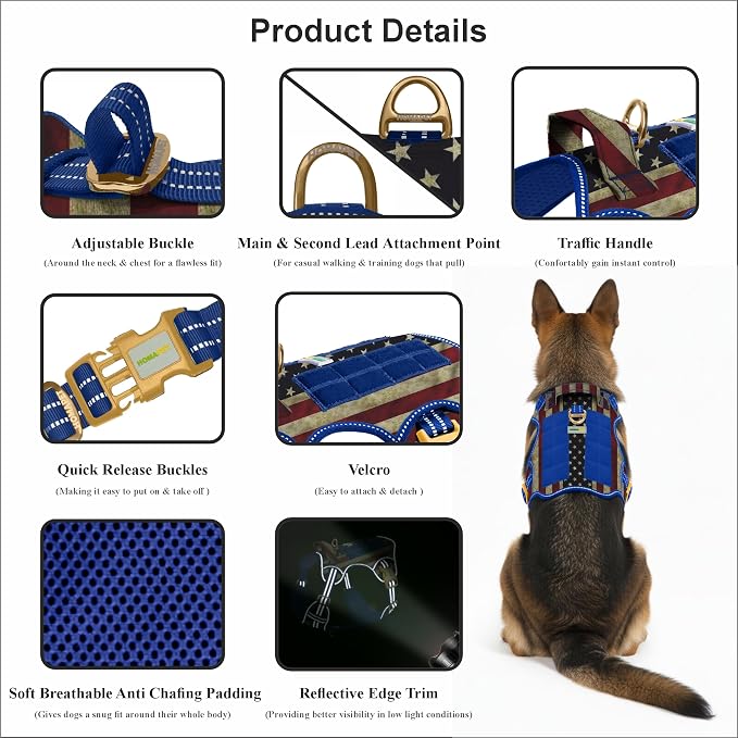 Homapet. Tactical Dog Harness with Dual Leash Attachment Points, Adjustable and Reflective Military Grade Dog Vest with Comfort Control Handle (Us Flag, XXL)