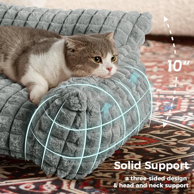 Cute Cat Couch Bed – Supportive & Fluffy Pet Sofa with Faux Rabbit Fur Washable Cover in 3D Diamond Pattern, 24" Grey