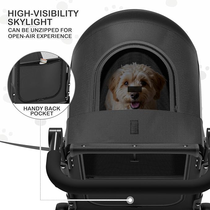 MoNiBloom Pet Stroller for Large Dogs or Dogs Cats up to 55 lbs, Black | with Adjustable Handle, 3-Wheels Dual Entry Portable Dog Carting Easy Folding Pet Wagon Double Multiple Dog Stroller