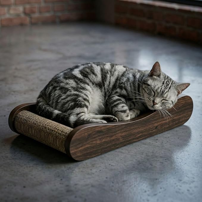 Claw Surfer Cat Bed - Cat Scratcher Bed & Lounge – Heavy Duty High-Density Cardboard, Lasts 5X Longer. Modern Curved Scratching Pad with 20mm White Frame. Non-Toxic, No Mess, Espresso