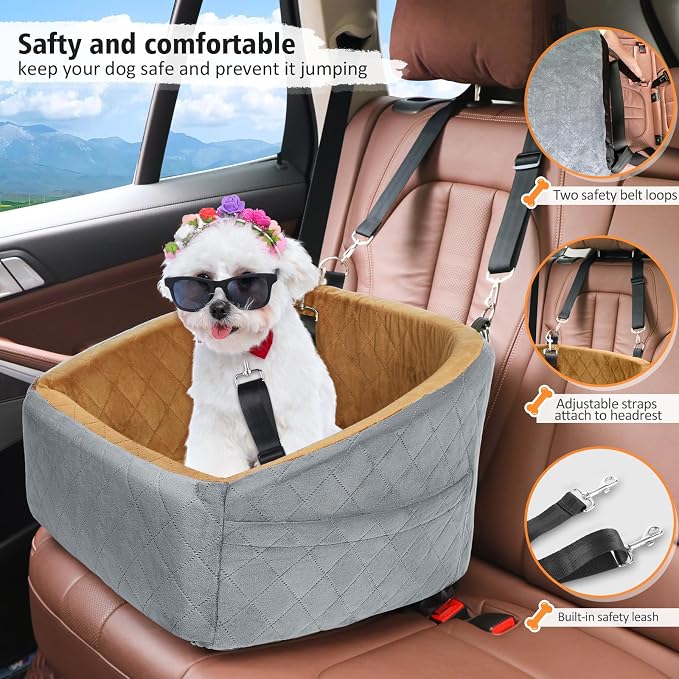 NEEZUKAR Dog Car Seat for Small Medium Dogs,Detachable Washable Dog Booster Seat Under 30lbs, Pet Car Seat Travel Bed with Storage Pockets and Dog Safety Belt(Grey/Brown)