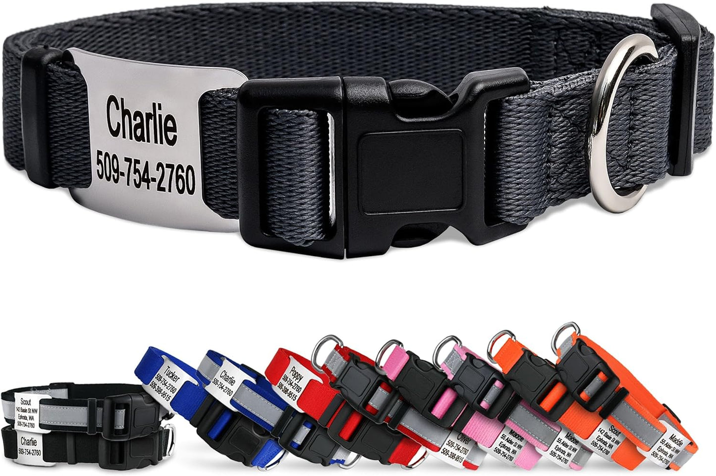 GoTags Personalized Dog Collar with Nameplate, Adjustable Dog Collar with Custom Engraved Slide On Pet ID Tag in Stainless Steel, Silent, No Noise Dog Tag (Charcoal, Large)