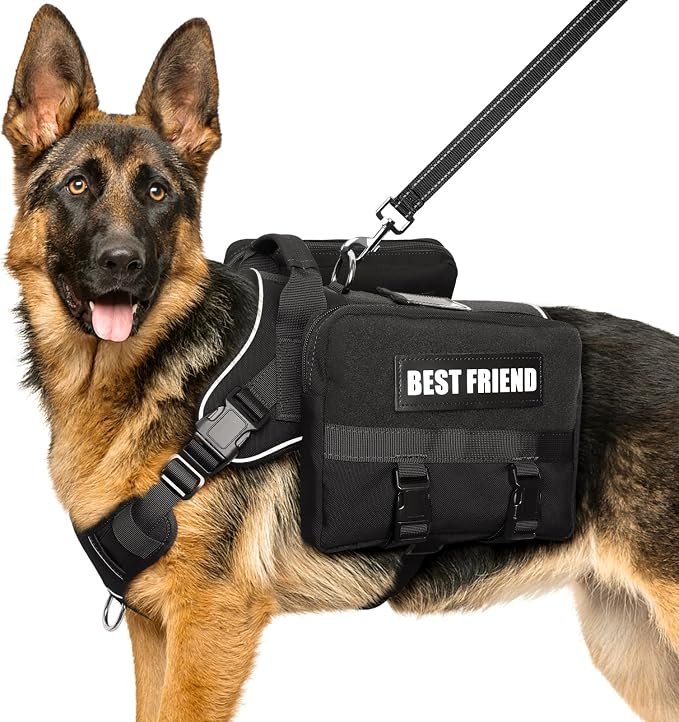 Dog Backpack Harness and Leash Set for Large Dogs Black XL | Removable Side Pockets Dog Vest with Padded Handle&MOLLE,No Pull Front&Back Metal Clips for Hiking Training Walking Hunting