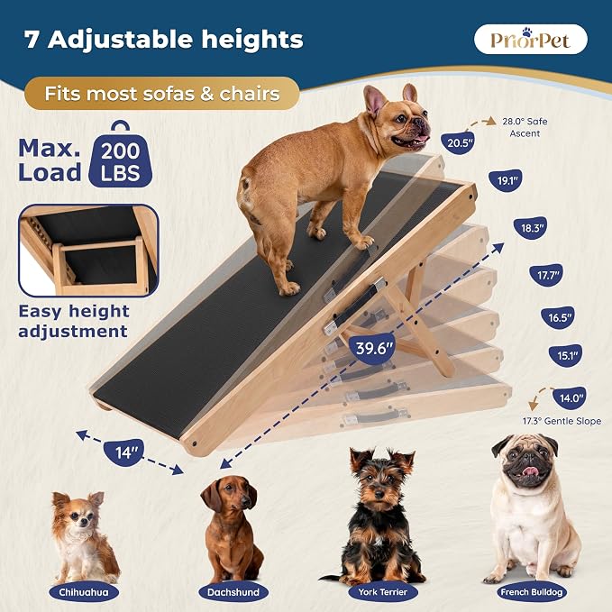 Dog Ramp for Couch – Non-Slip, Sturdy Build Foldable Wooden Dog Ramp – Supports up to 200 lbs – 7 Adjustable Heights (14"–20.5") – Enhanced Stability – Birchwood Pet Ramp for Small Dogs – Natural