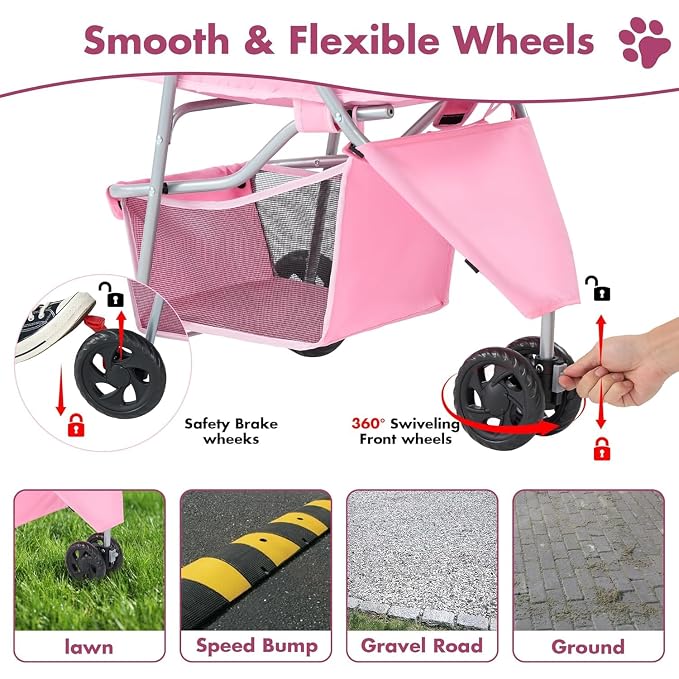 3 Wheels Pet Stroller,Storage Basket and Cup Holder, Breathable Mesh, Waterproof and Foldable for Small/Medium Dogs and Cats Strollers, Lightweight Travel Carrier for Daily Walks & Outdoor，Pink