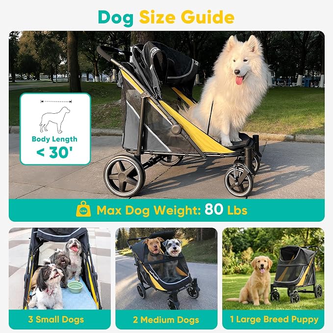 Petbobi Dog Stroller for Large & Medium Dogs - Easy Fold Dual Entry Pet Stroller with One-Foot Brake, All Terrain Wagon Cart with Air Mesh, Ideal for Large Senior Pets up to 80 lbs, Black