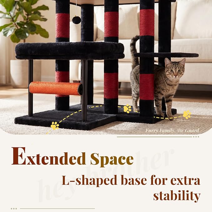Hey-brother Cat Tree, 68.5 inch Cat Tower with L-Shaped Extended Base, Multi-Level Furniture with 2 Spacious Candos, 2 Platforms, 11 Scratching Posts, Hammock and Toy Ball,Black and Red MPJ086BR