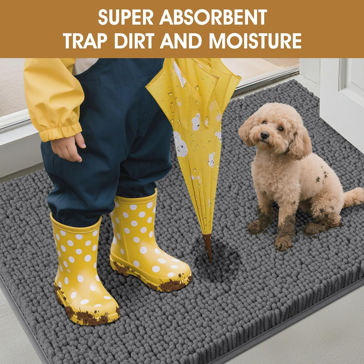 Dog Door Mats for Muddy Paws, Chenille Absorbent Dog Mats, Non Slip Heavy Mud Mat for Dogs, Soft Pet Mat for Entryway, Mud Paws, Inside Floor,48" x 38", Grey