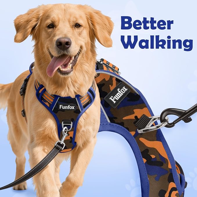 Dog Harness No Pull, Adjustable Pet Vest Harness, Super Soft Material with Vertical Handle Easy Control, Reflective Night Walking, 2 Leash Clips for Small Sized Dogs, Camo Orange, S