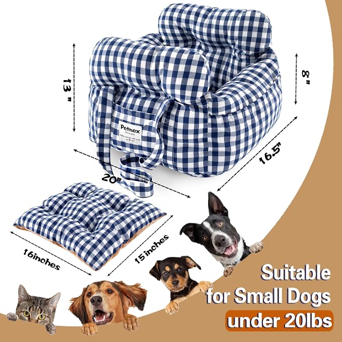 Dog Car Seat for Small Dogs, Portable Puppy Car Seat of Easy Installation, Fashionable Pet Carrier Bag with Large Pockets, Machine Washable Dog Booster Seat (Checkered Navy)