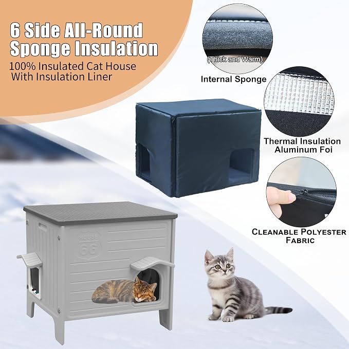 Outdoor Cat House with Insulated Liner for Winter | Waterproof Plastic Cat House for Outside, Cat Shelter for Feral Cats, Assemble Easily