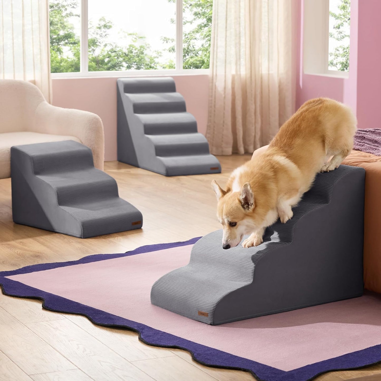 Lesure Dog Stairs for Large Dogs Pet Steps Ramp for High Bed and Couch with CertiPUR-US Certified Foam with Non-Slip Bottom, Grey, 4 Steps