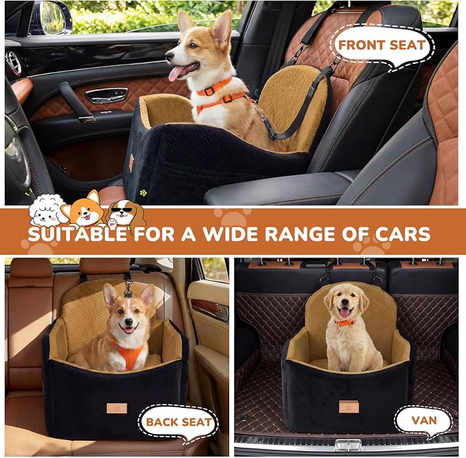 Dog Car Seat for Medium/Small Dogs, Dog Booster Car Seat, Pet Booster Seats Up to 40lbs with Waterproof Layer, 3 Storage Pockets and Safety Belt (Black/Brown)