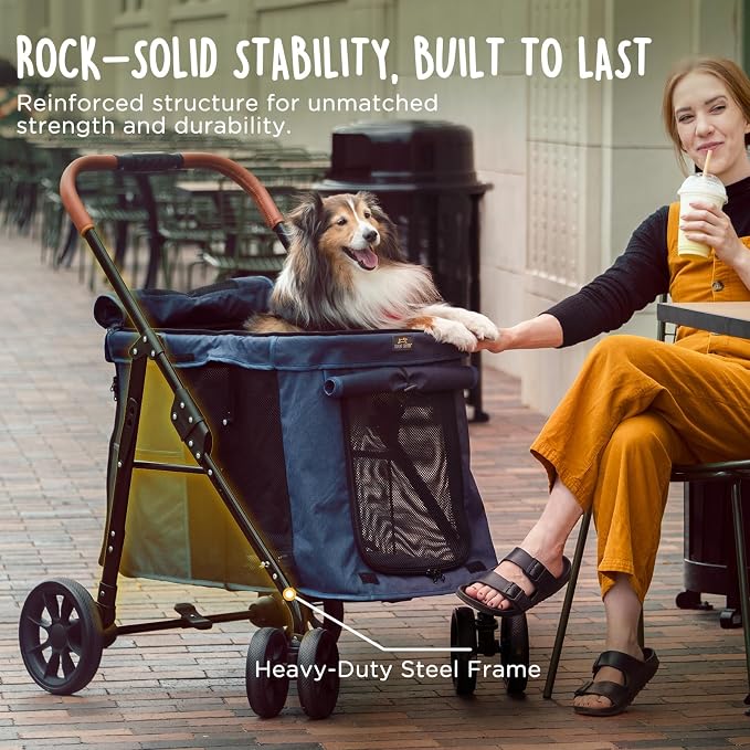 CANINE CANYON Scout Pet Stroller, Heavy Duty Dog Stroller for Large/Medium Dogs, Foldable Pet Stroller for 2 Small Dogs with All-Terrain Wheels, Storage Pocket & Cup Holder, 55 lbs Capacity, Navy Blue