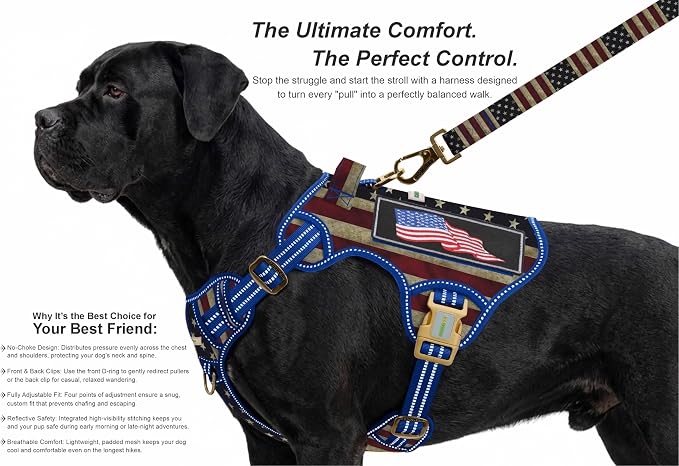 Homapet. Tactical Dog Harness with Dual Leash Attachment Points, Adjustable and Reflective Military Grade Dog Vest with Comfort Control Handle (Us Flag, S)